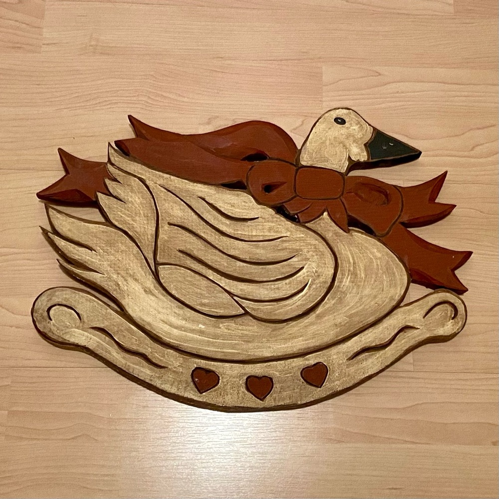 Carved Goose Wall Decor Country 1980’s 1990’s with Bow and Hearts Vintage Red